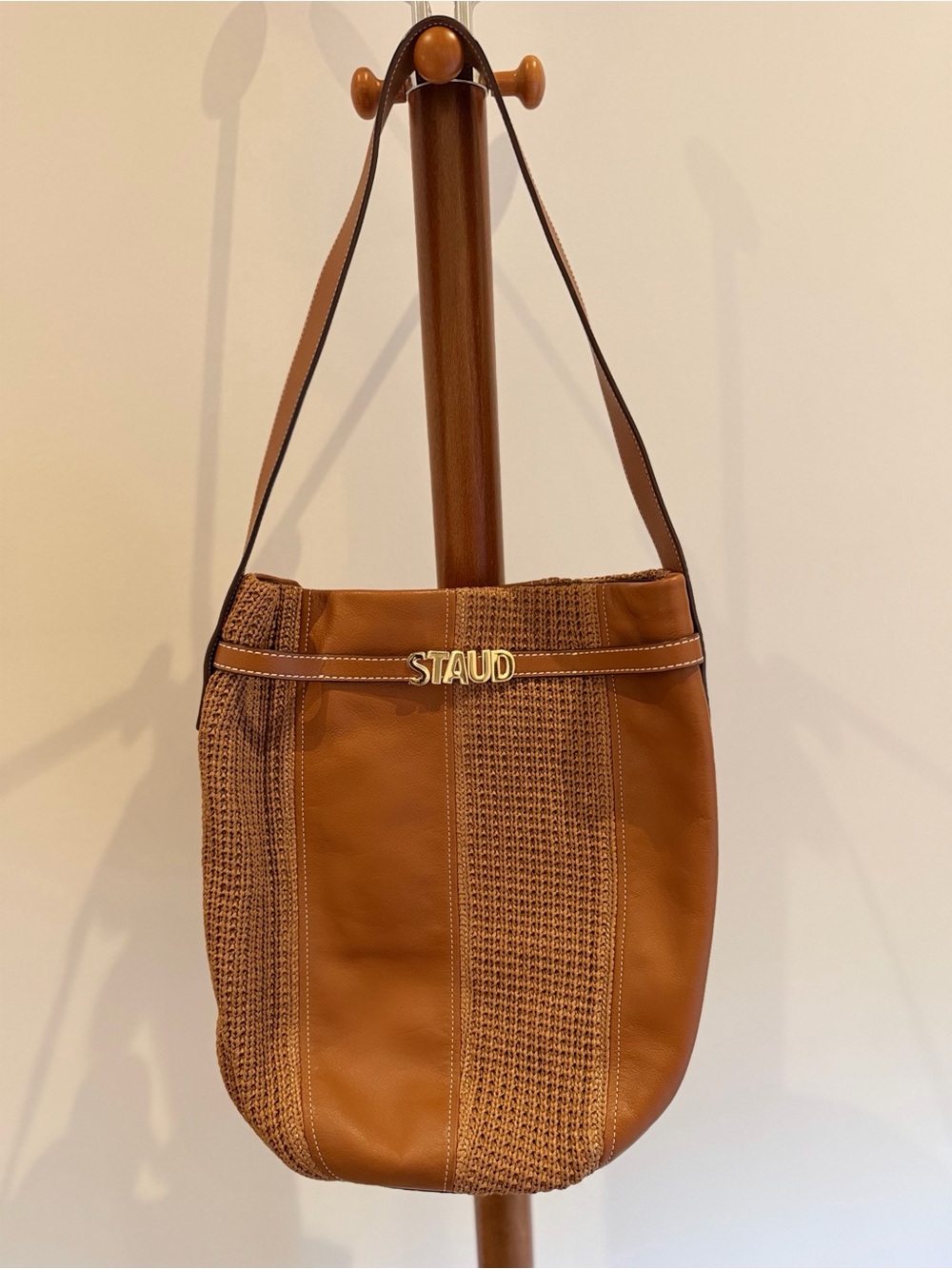 STAUD Brown Leather & Woven Tote with Gold Logo
